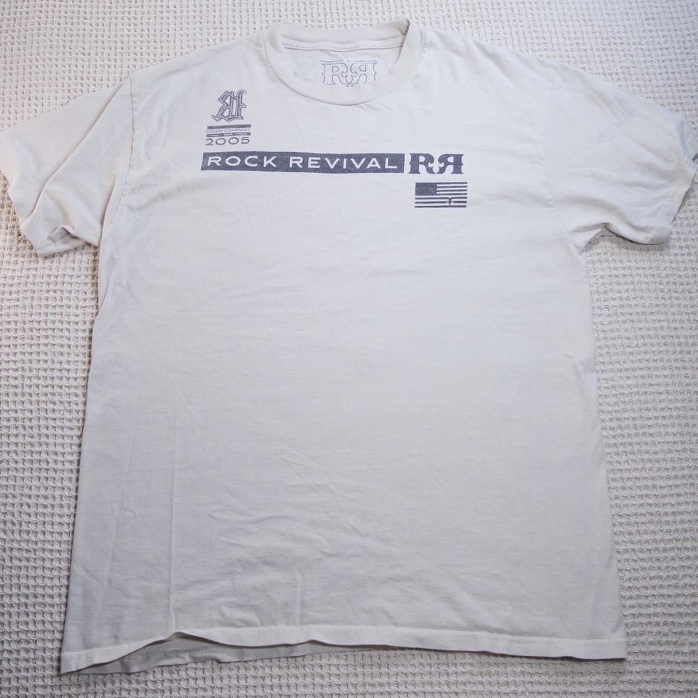 Rock Revival Mens Off White Graphic T-Shirt Size L Est 2005 Logo Tee